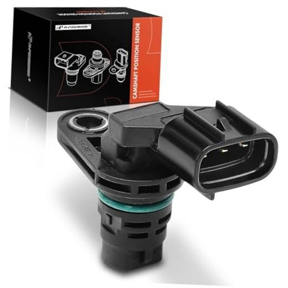 Camshaft position sensor with gray housing and black electrical connector.