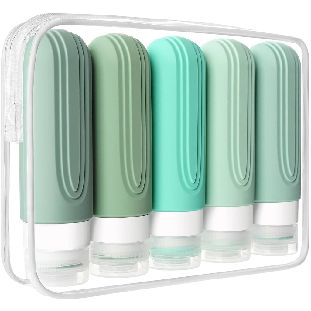 Mint green travel toiletry bottle set in a clear zip pouch, 5-pack with white caps