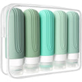 Mint green travel toiletry bottle set in a clear zip pouch, 5-pack with white caps