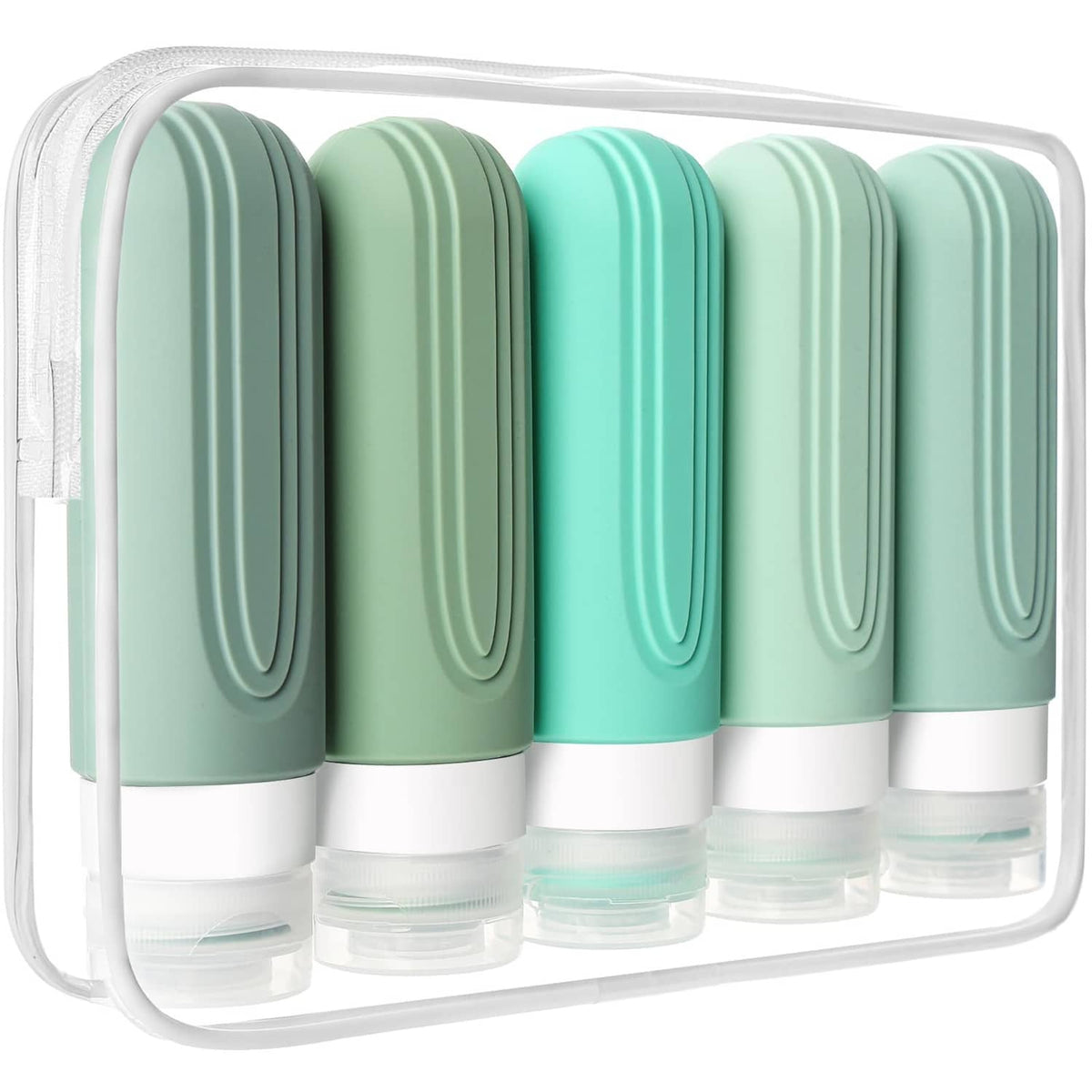 Mint green travel toiletry bottle set in a clear zip pouch, 5-pack with white caps