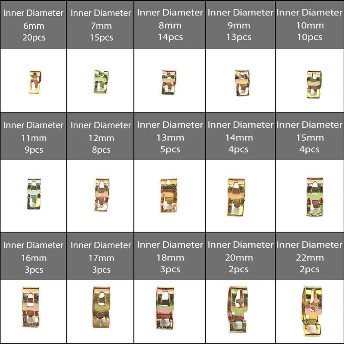 Inner diameter size chart for spring hose clamps, 6–22mm with piece counts