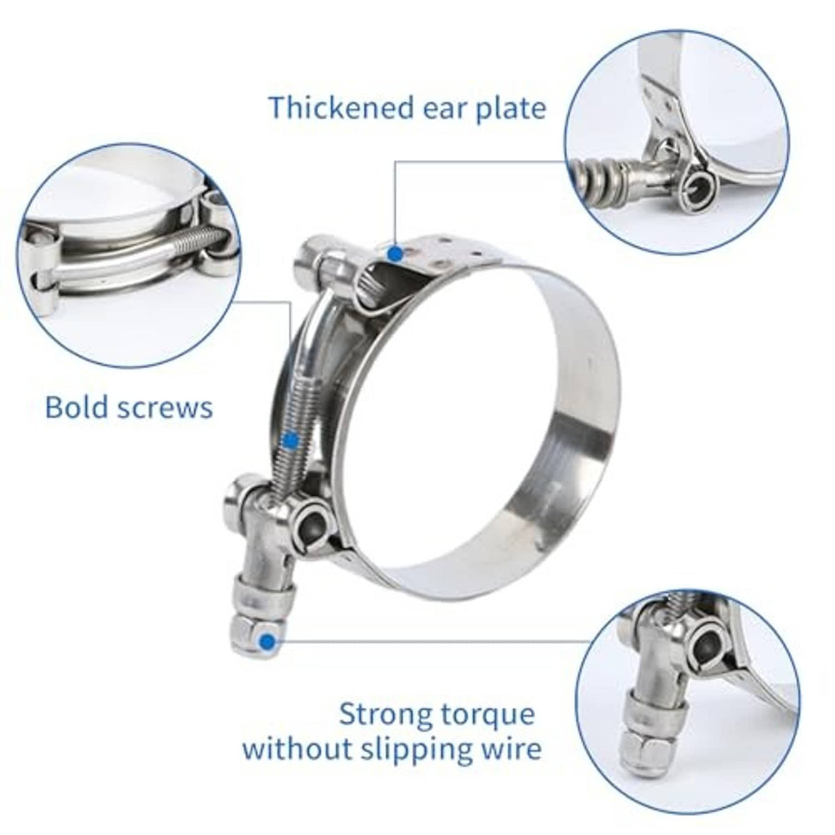 Stainless steel T-bolt hose clamp with thick ear plate and steel screw tightening