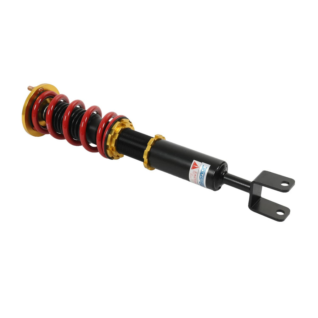 Coilover strut assembly with red spring, black damper, and fork-style mounting bracket