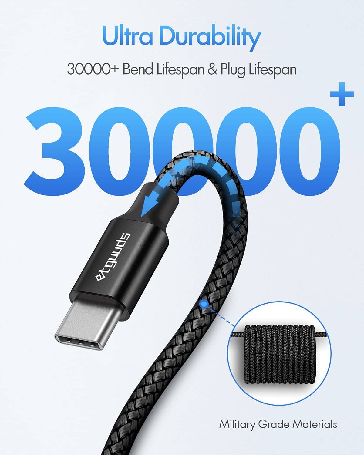 Black braided USB-C charging cable with silver USB-C plug, durability close-up.