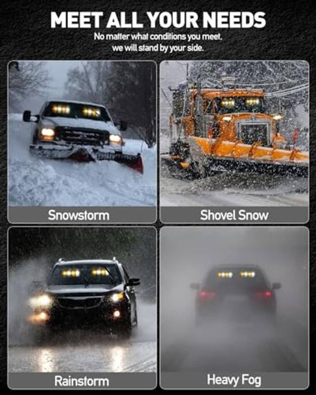 Amber and white strobe light bar mounted on vehicles with bright LED heads