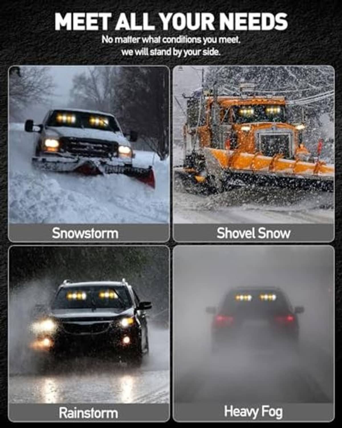 Amber and white strobe light bar mounted on vehicles with bright LED heads