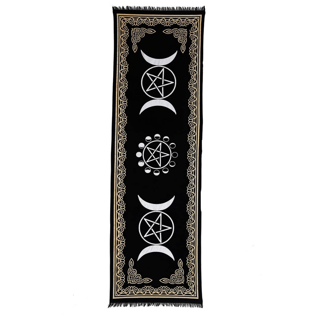 Black vertical altar cloth with gold trim, moon phases and pentagram graphics