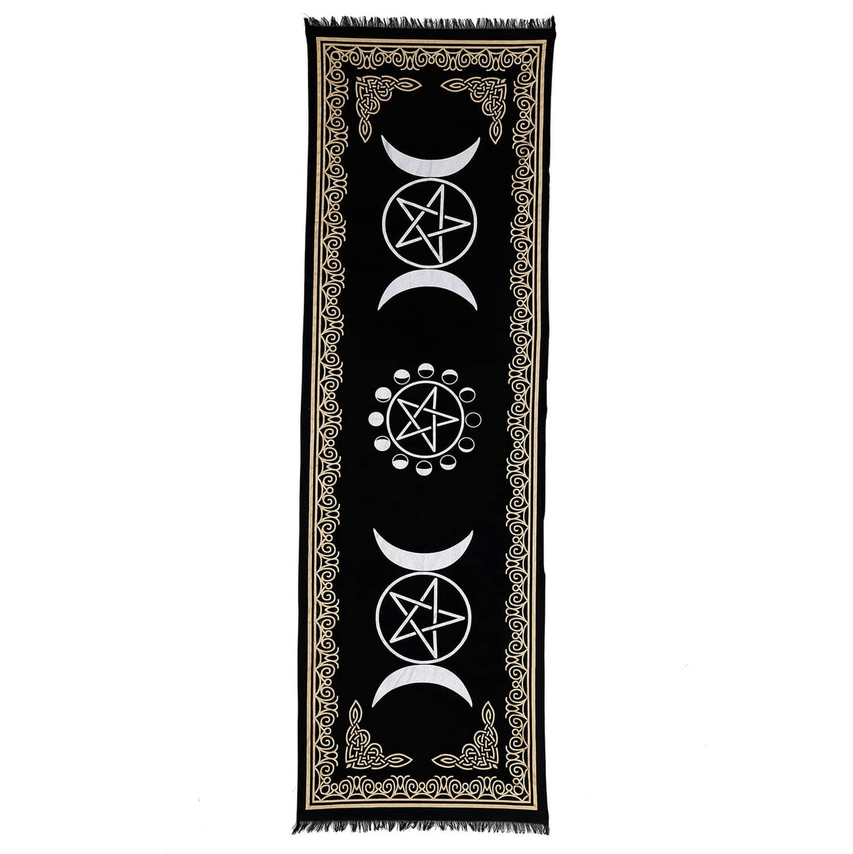 Black vertical altar cloth with gold trim, moon phases and pentagram graphics