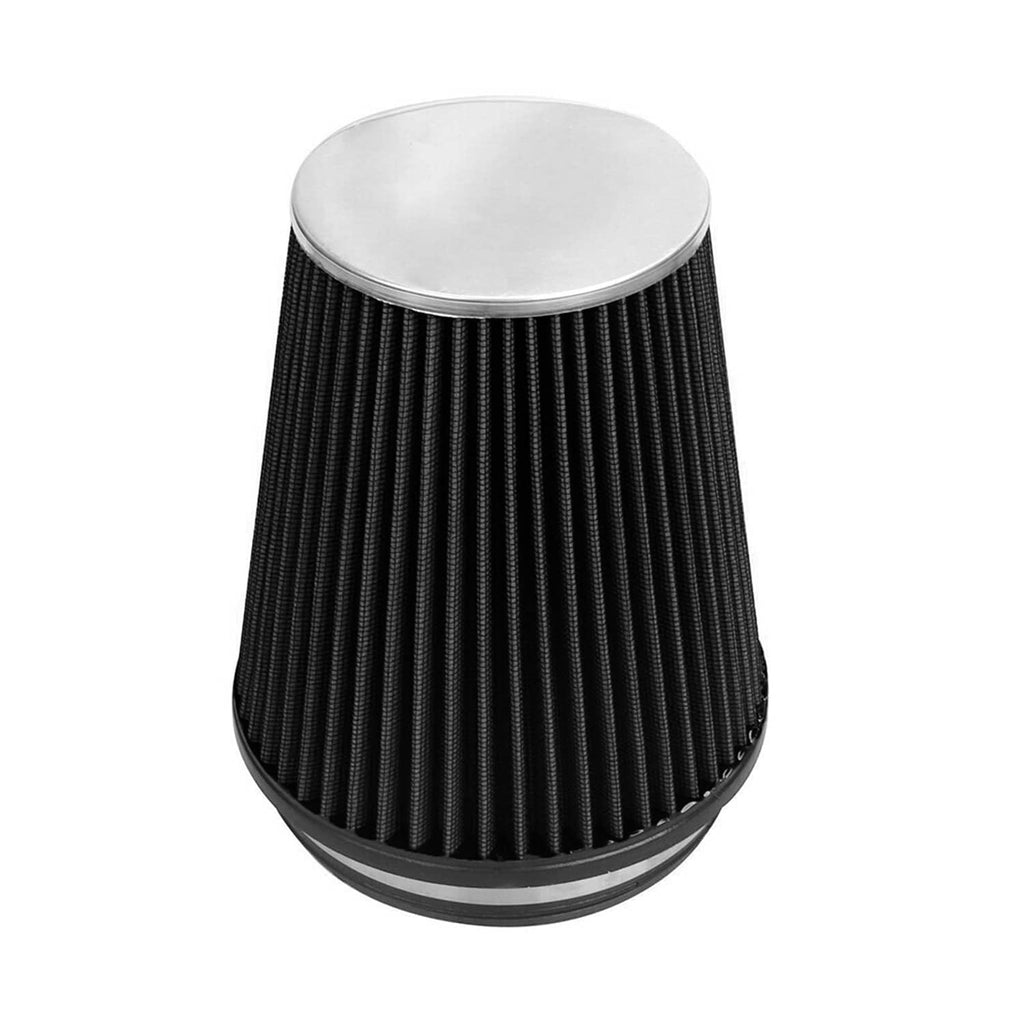 Cone air filter with black pleated element and silver top cap