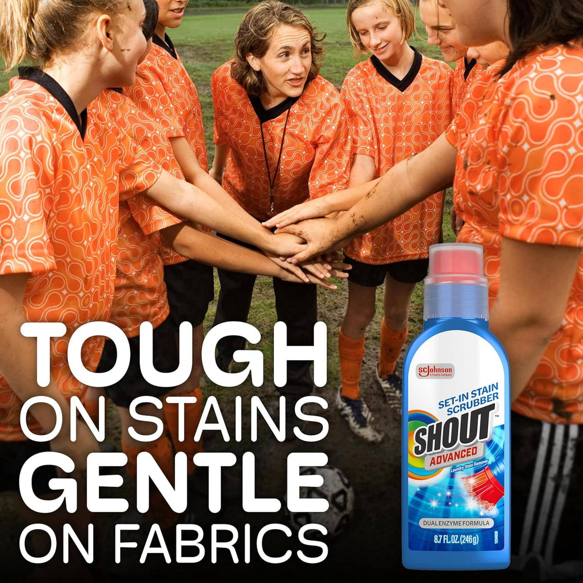 Blue Shout Advanced stain remover gel bottle beside a group of kids outdoors.