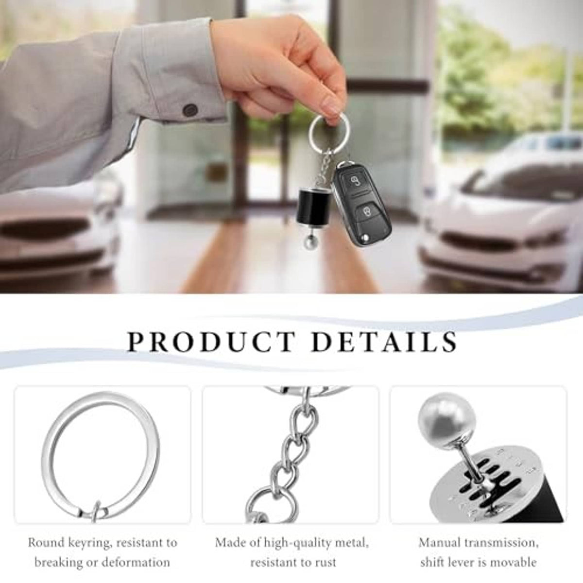 Six-speed gearbox keychain held by hand, black fob with metal chain and keyring