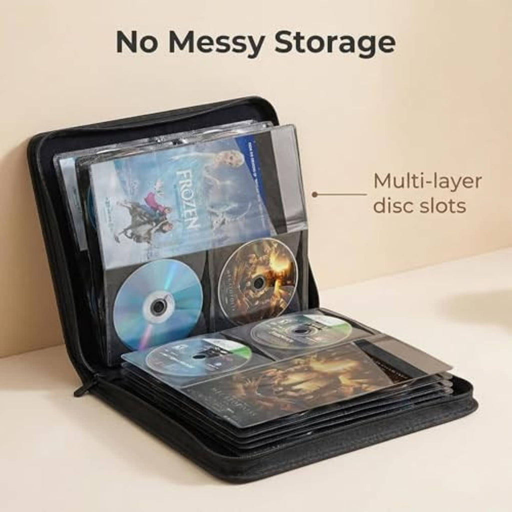 Black CD/DVD storage binder opened with multi-layer disc slots and stacked booklets
