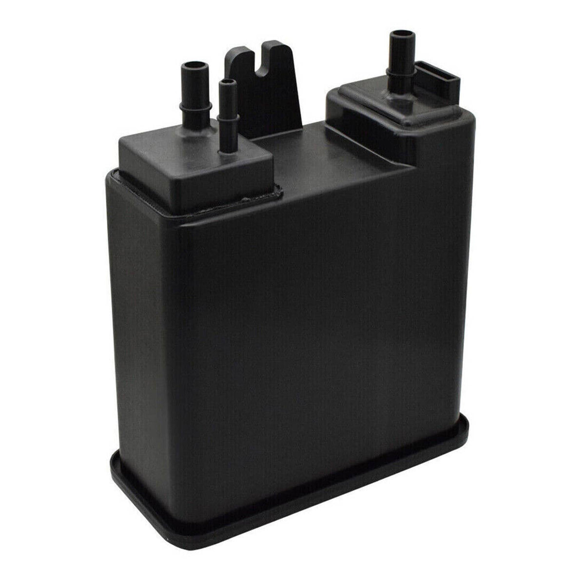 Black EVAP vapor canister with two top tube outlets and side mounting base
