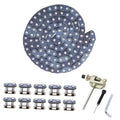 Dark blue roller drive chain with silver pins, plus link breaker tool and accessories
