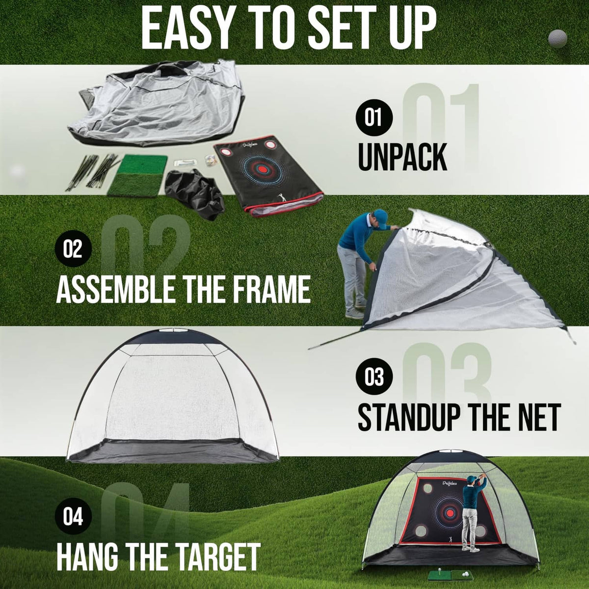 Golf practice net setup steps showing unpacking, frame assembly, and target hanging