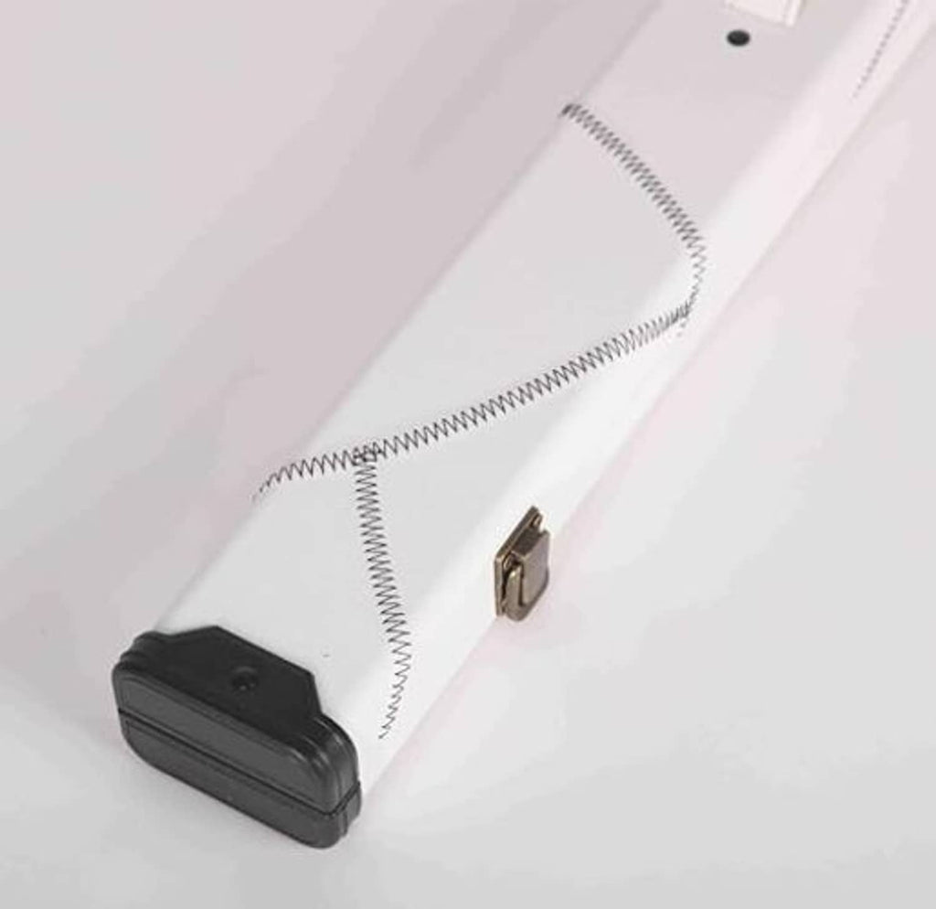 White billiard cue case corner view with black end cap and metal latch