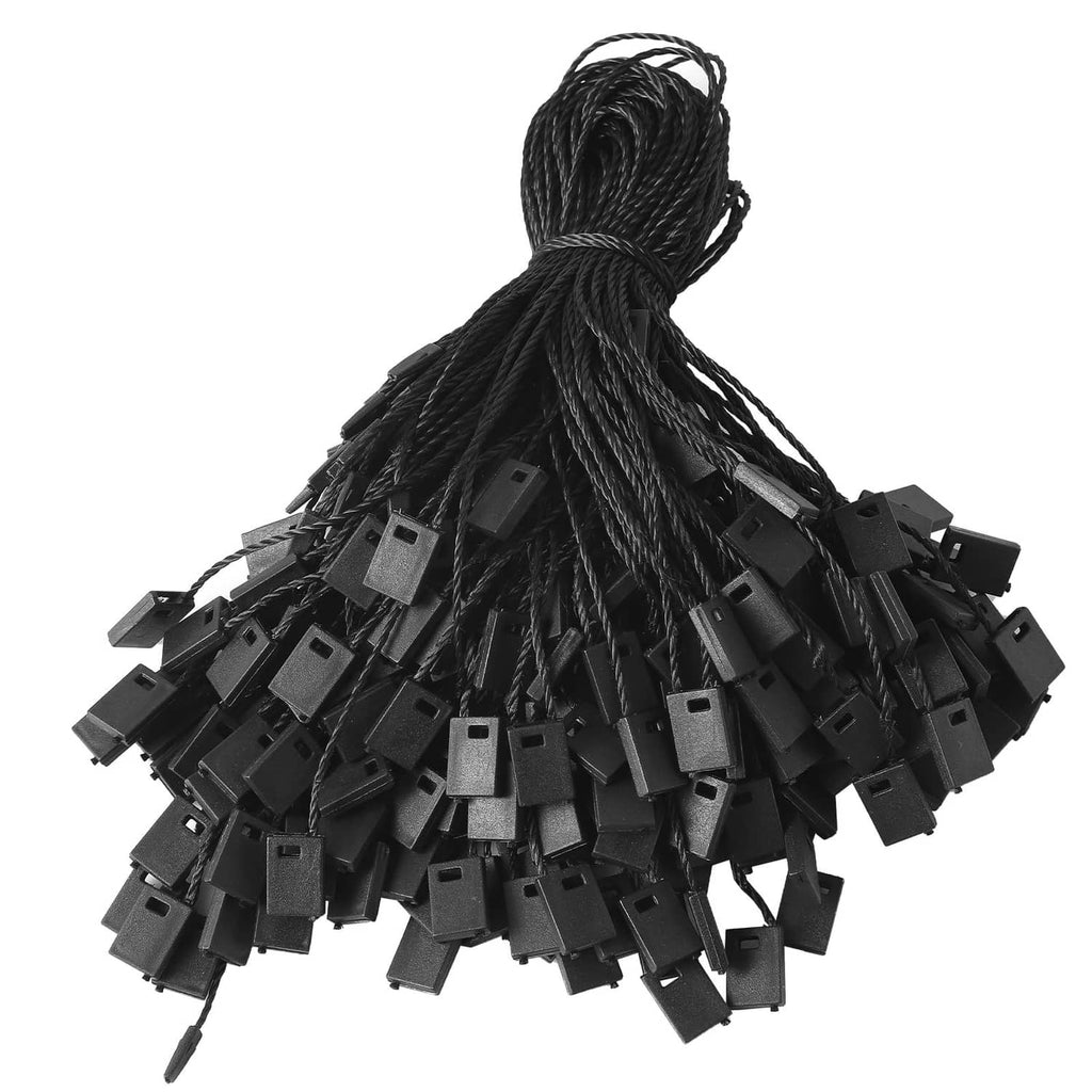 Black nylon hang tag snap-lock loop strings with flat rectangular clip ends