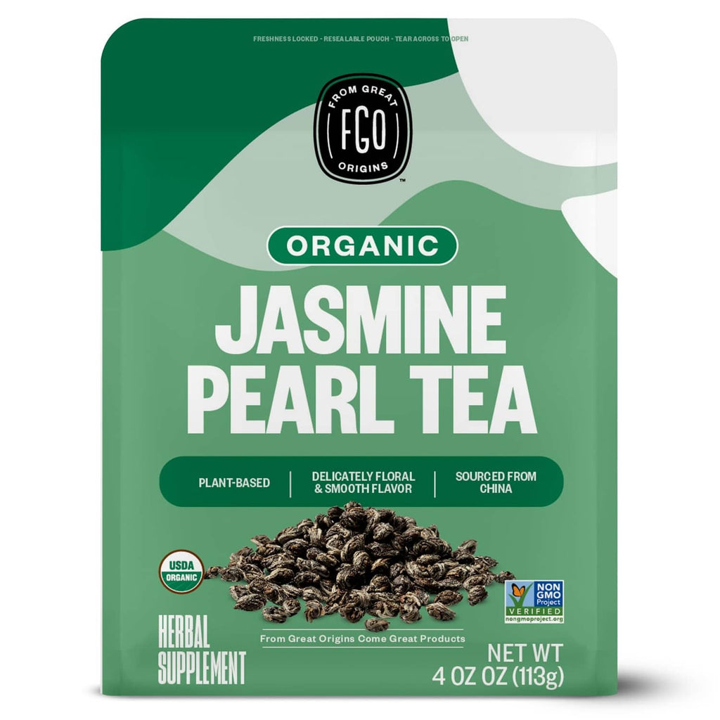 Organic jasmine pearl green tea loose leaf pouch with dark tea leaves, 4 oz net wt