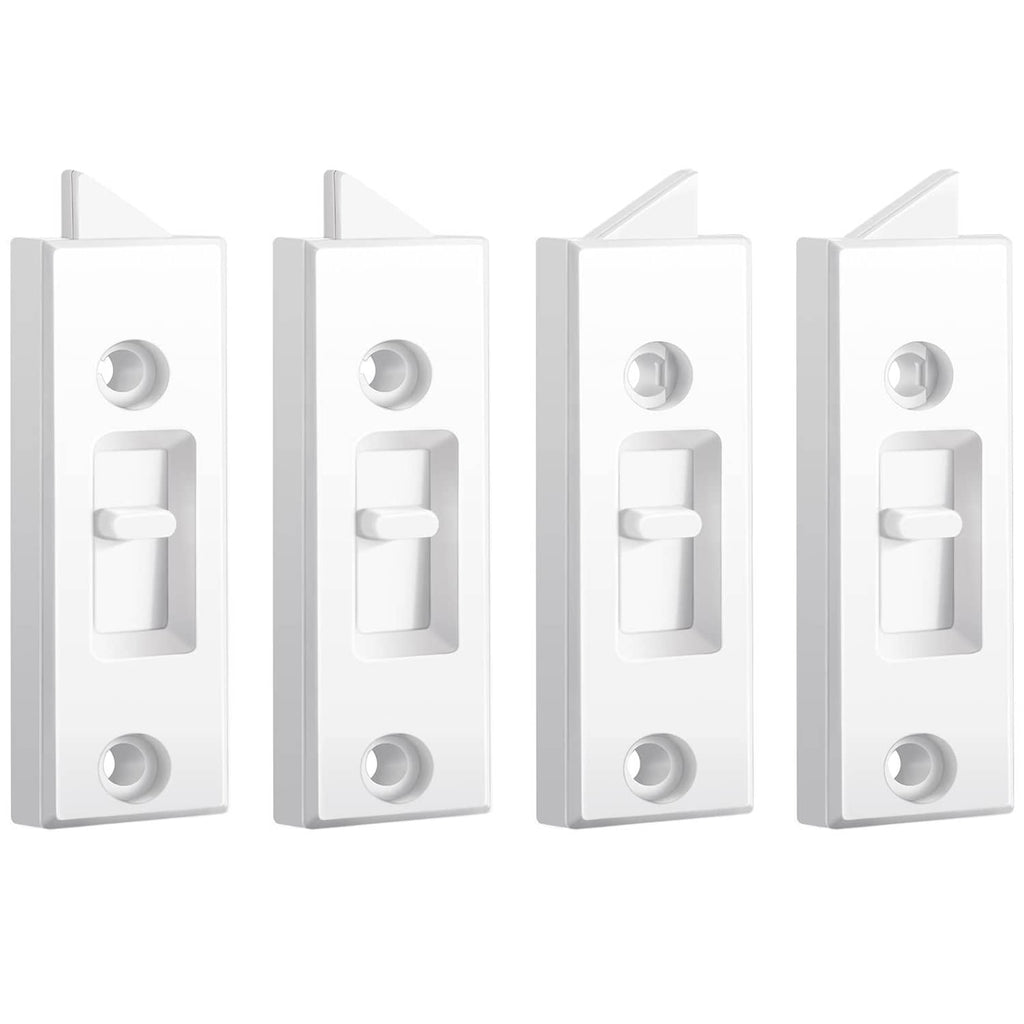 Set of white plastic window tilt latch locks, each with metal screw holes