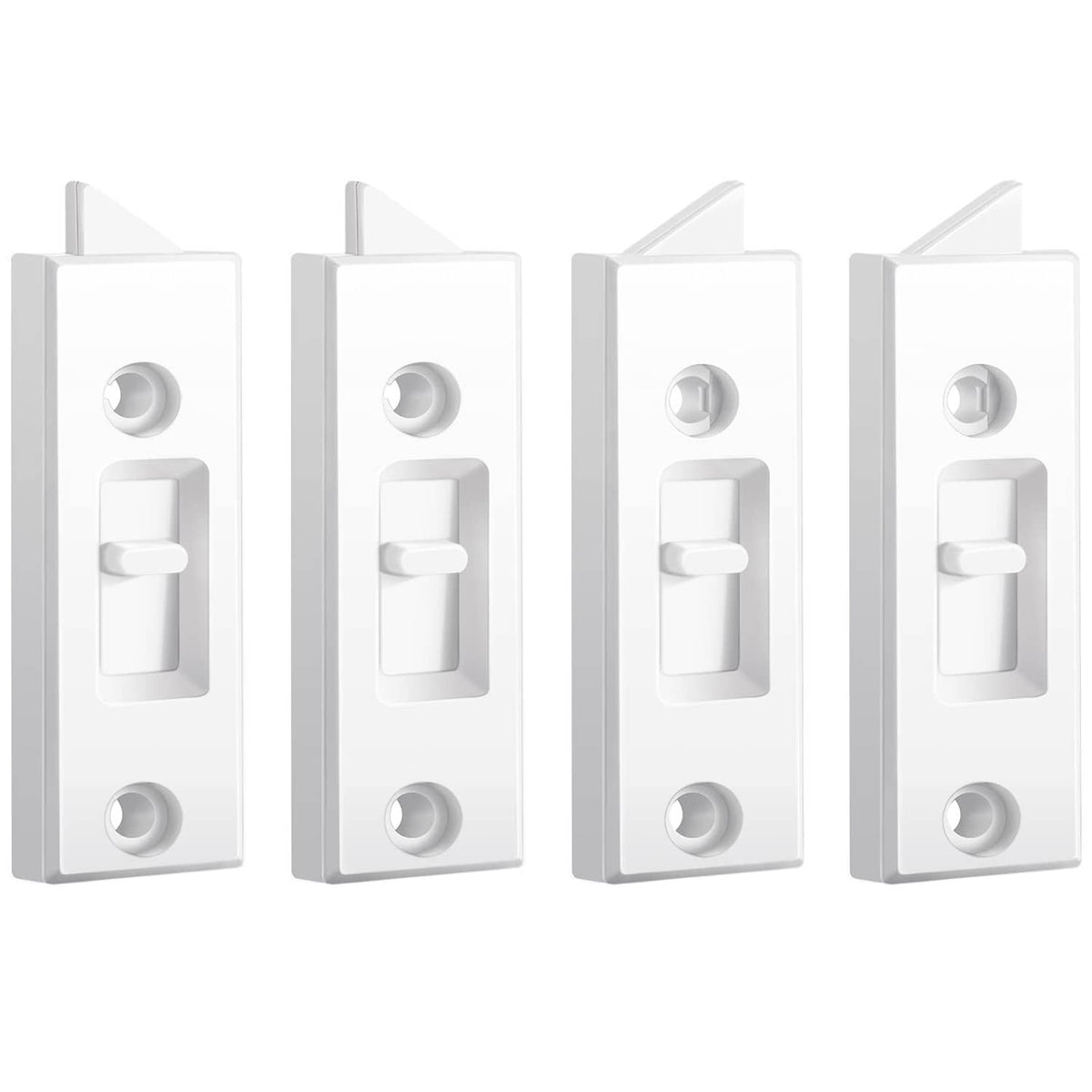 Set of white plastic window tilt latch locks, each with metal screw holes