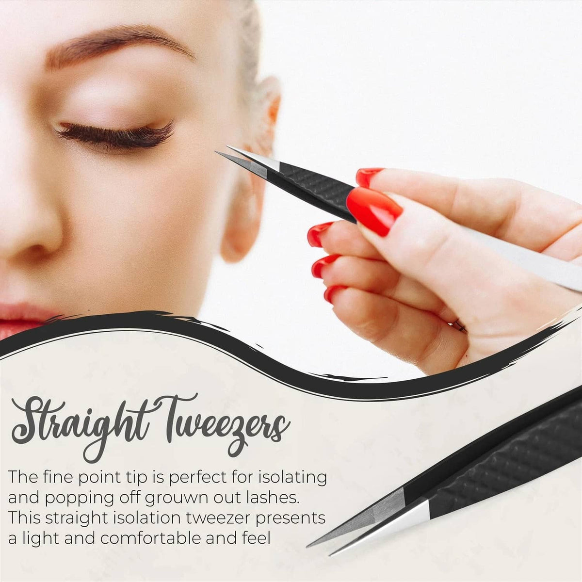 Straight black lash extension tweezers with fine pointed fiber tip in use