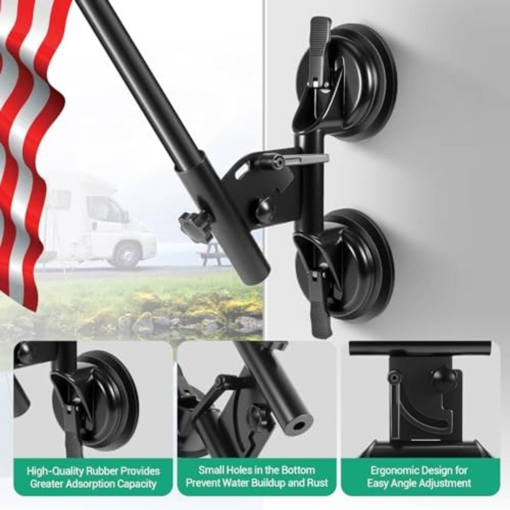 Black RV flag holder with dual suction cups and angle-adjustable pole mount
