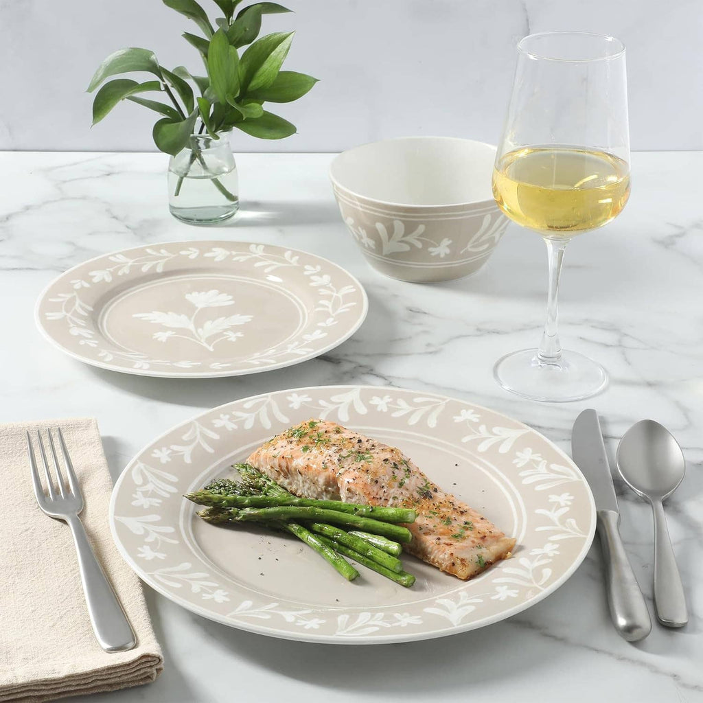 Taupe dinnerware set with white floral leaf border plate and coordinating bowls