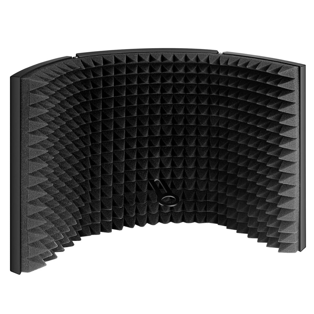 Microphone isolation shield with curved black acoustic foam panels, top view