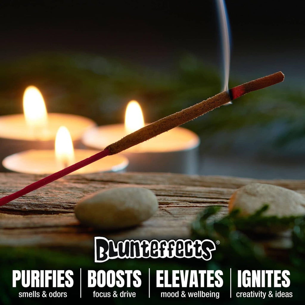 Burning incense stick with smoke rising from a wooden incense holder