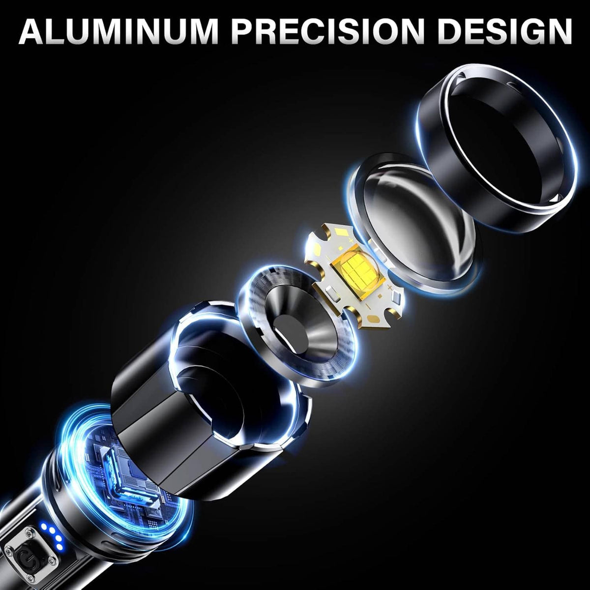 Black rechargeable LED flashlight with visible internal LED and lens components
