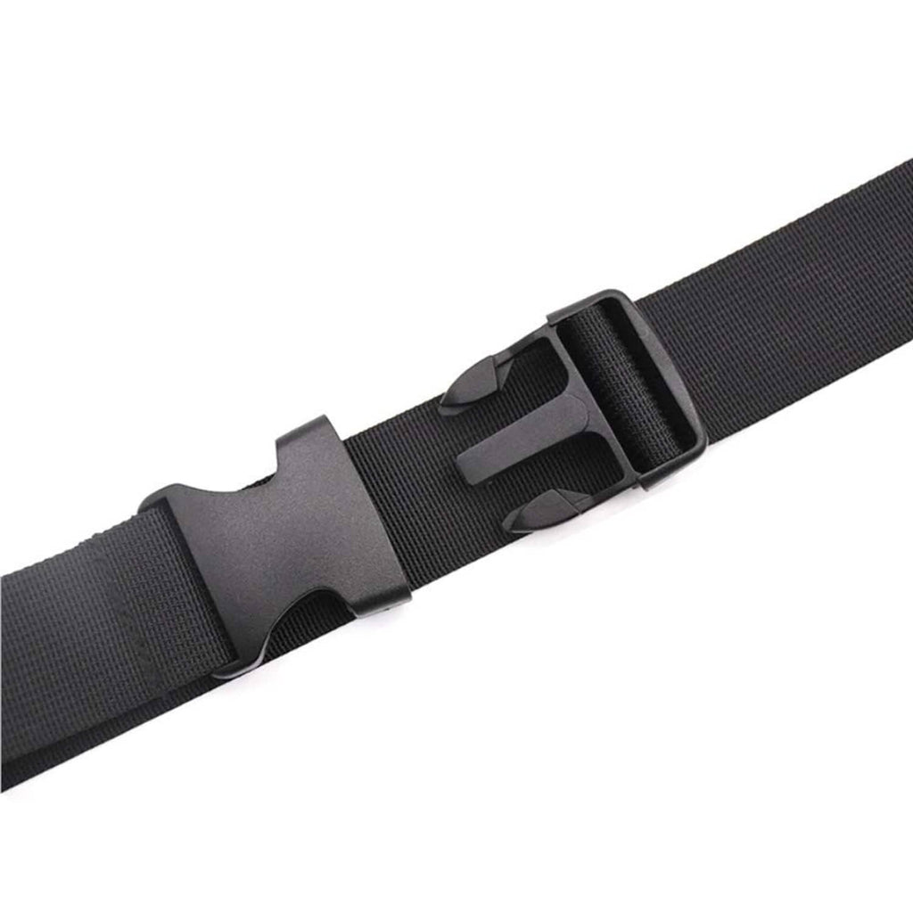Black strap end with latch buckle and webbing keeper for longboard sling.