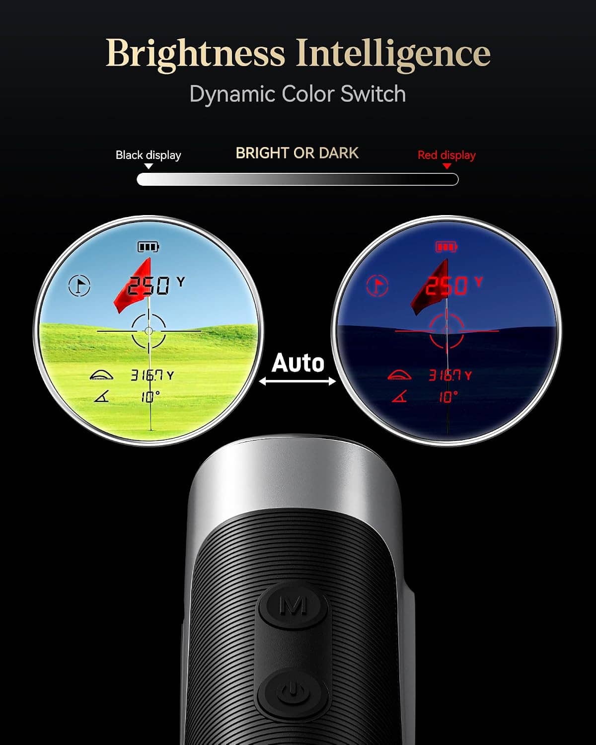 Golf laser rangefinder with circular display showing target icons and auto color modes