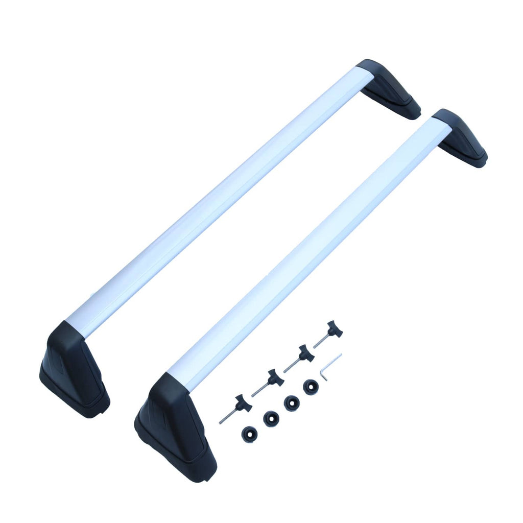 Roof rack cross bars kit with black end caps and mounting screws, angled view