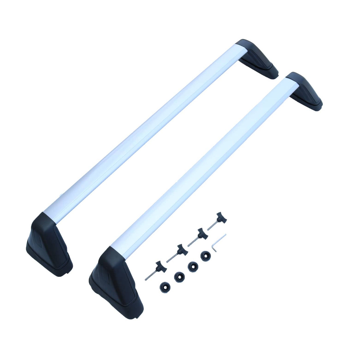 Roof rack cross bars kit with black end caps and mounting screws, angled view