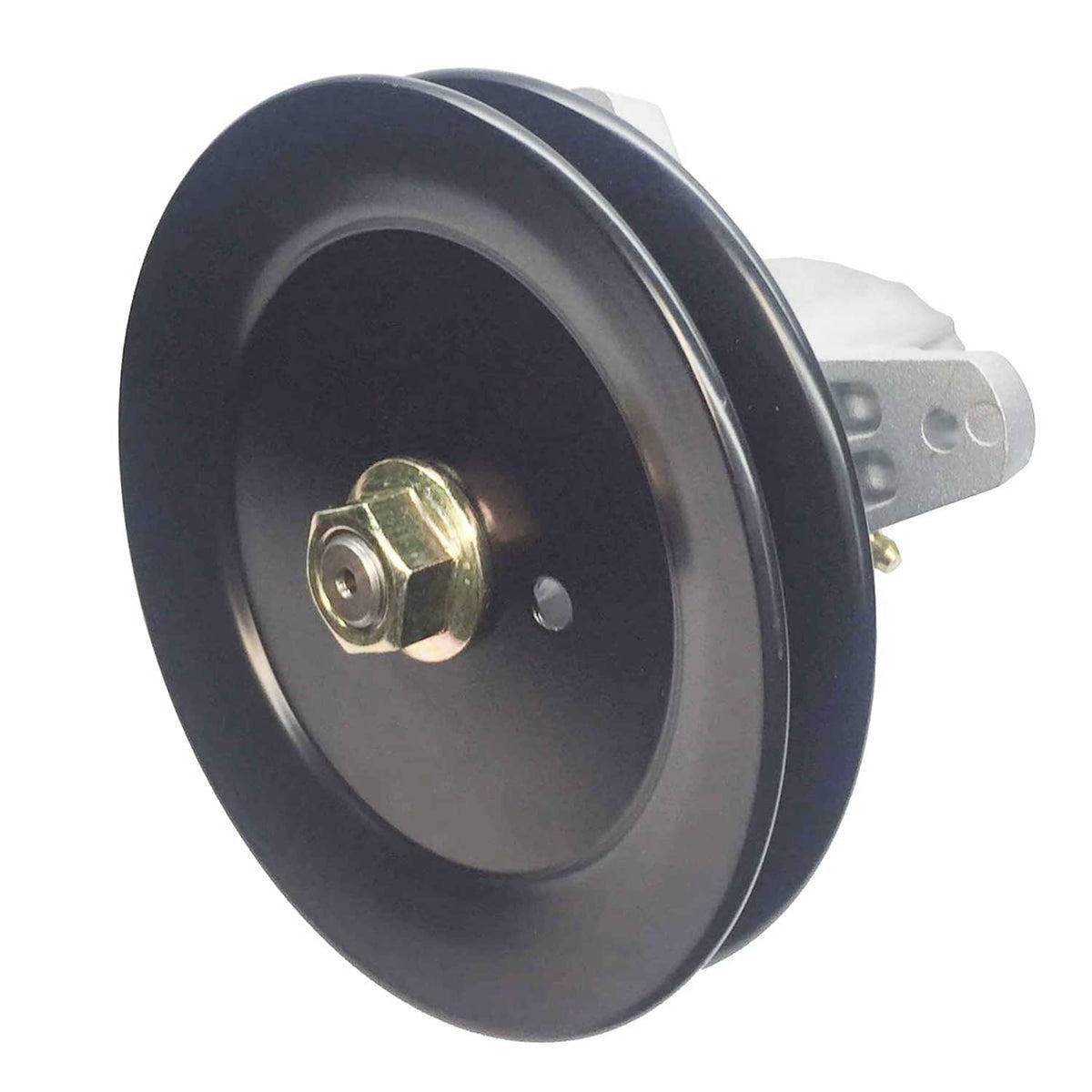 Spindle assembly side view with black pulley face and gold center nut