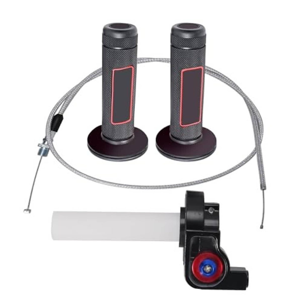 Two black throttle grips with red trim and braided cables plus switch assembly