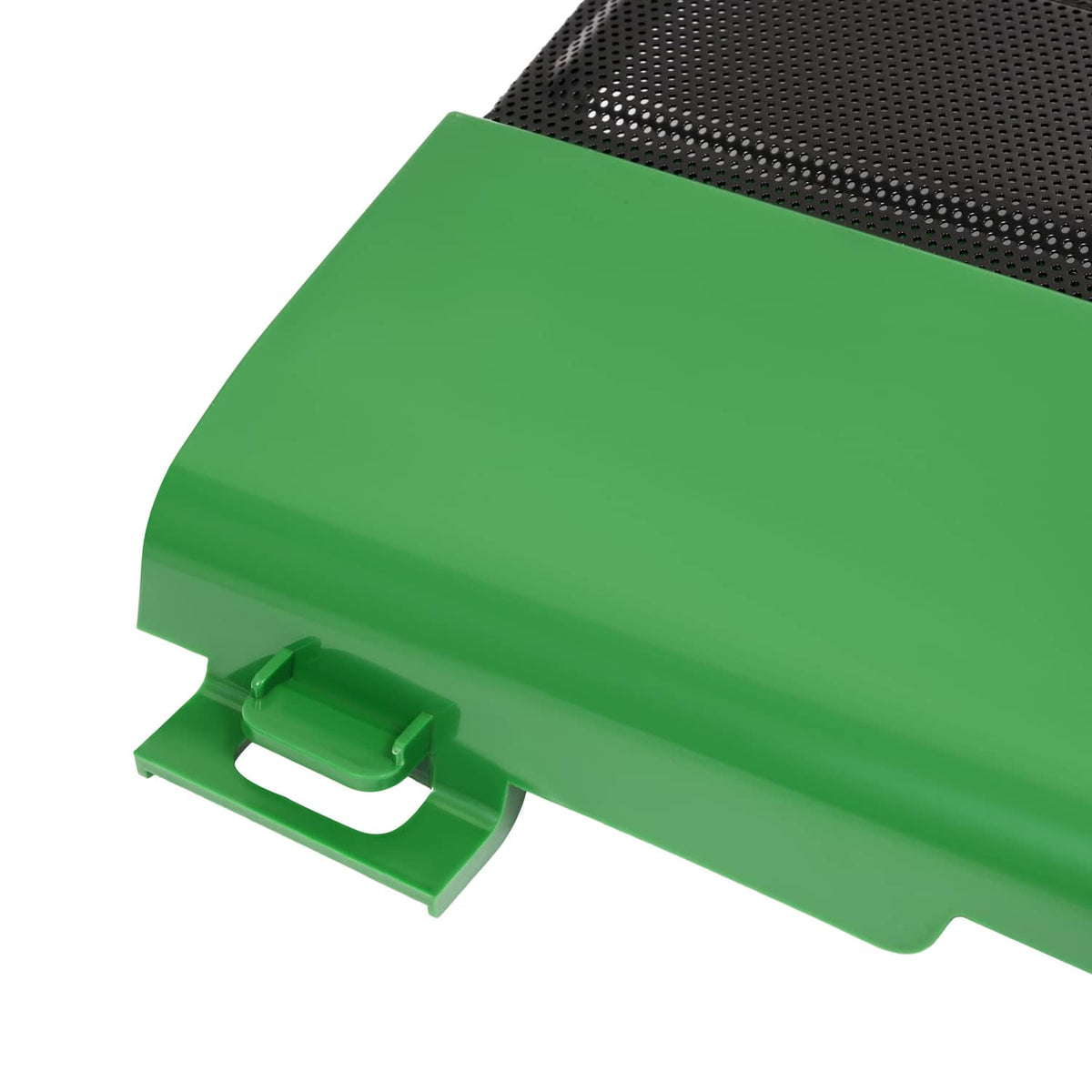 Green mounting bracket on side panel screen grille frame