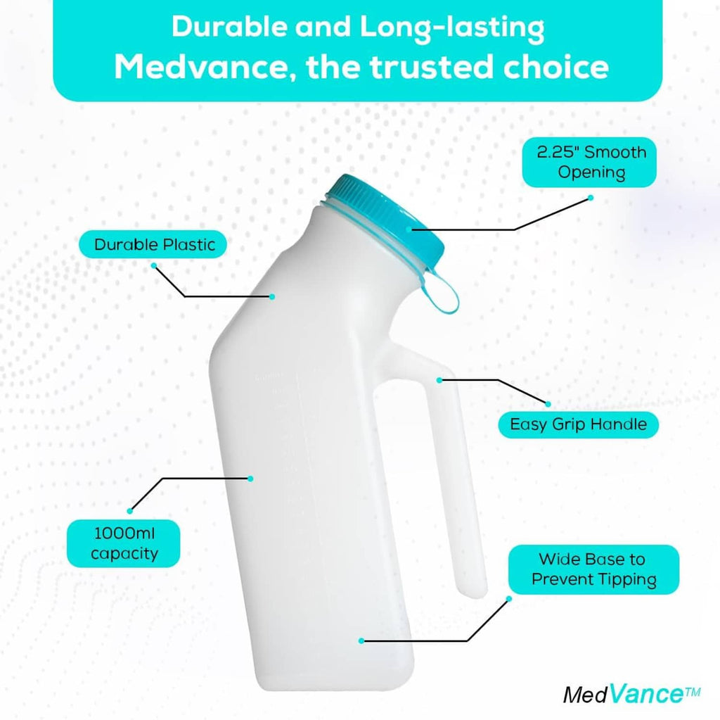 Diagram of 1000 ml portable urinal bottle: teal cap, smooth opening, wide base