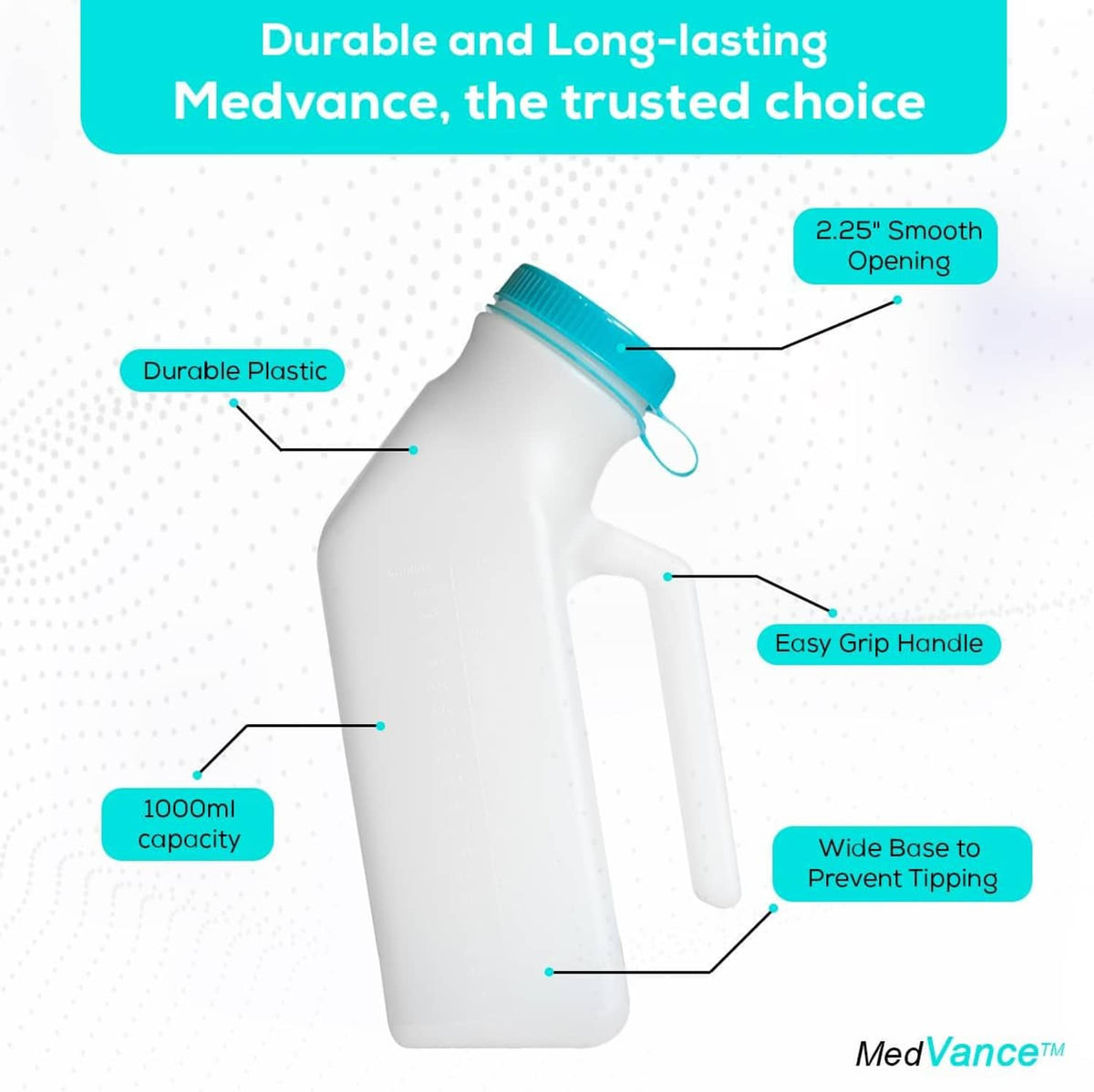 Diagram of 1000 ml portable urinal bottle: teal cap, smooth opening, wide base