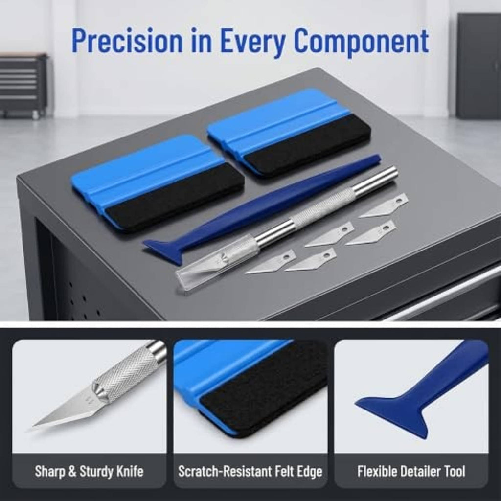 Car window tint kit on work tray: blue felt squeegees, craft knife, and blades