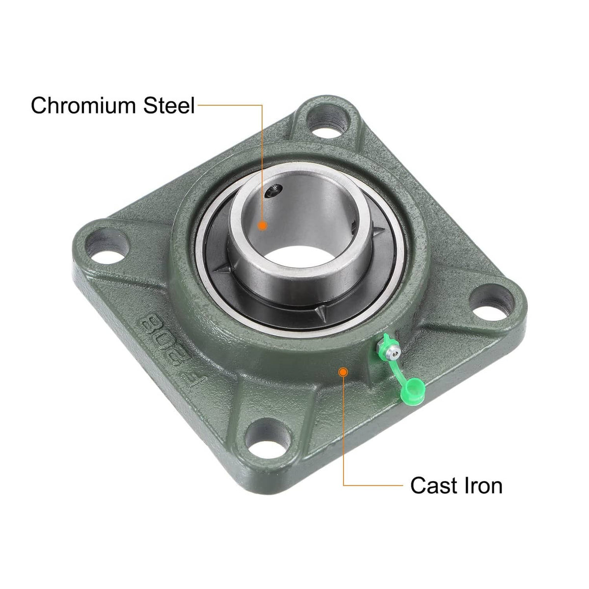 Cast iron bearing block with chromium steel inner bearing and four mounting holes.