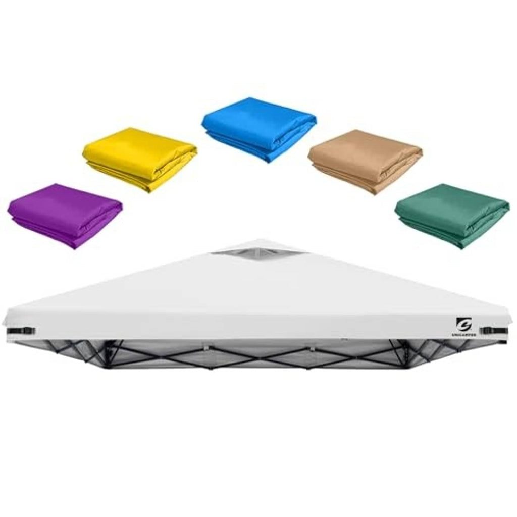 10x10 canopy top cover, white with air vent; folded tops in purple, blue, tan, green, yellow