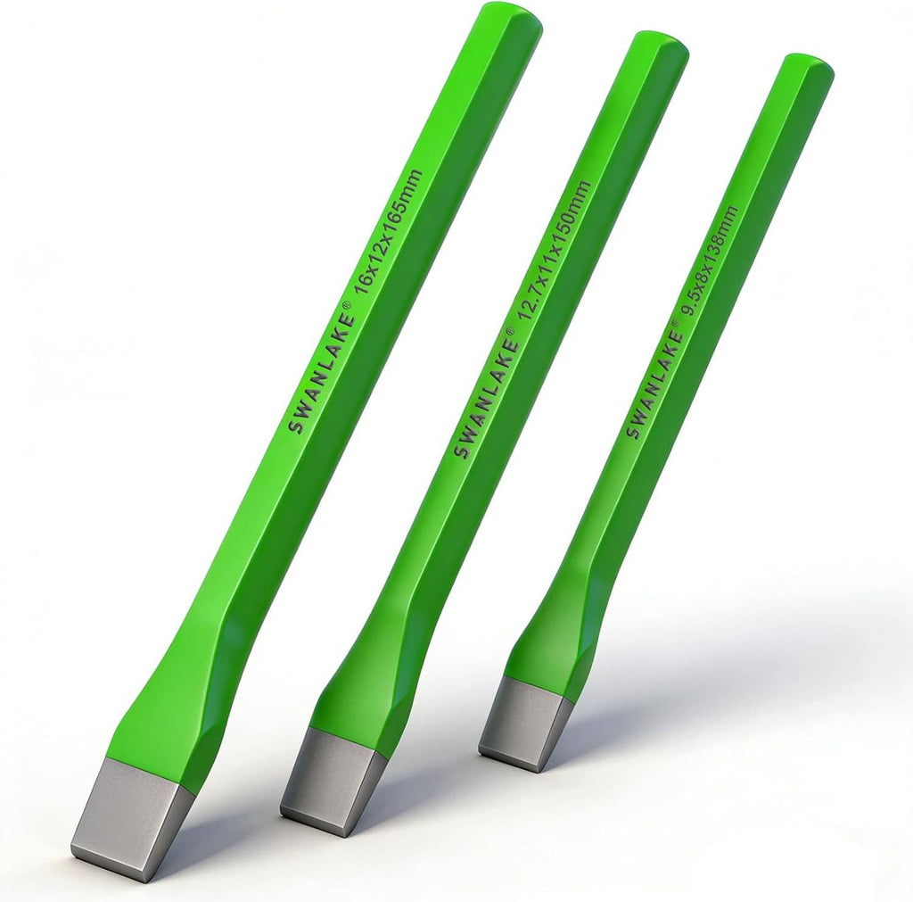 Three angled green cold chisels with gray steel tips, set of 3