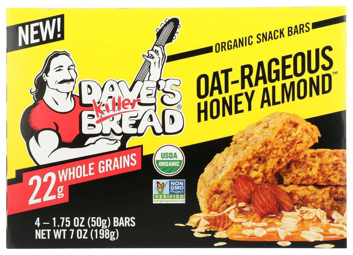 Dave's Killer Bread organic snack bar box, oat-rageous honey almond flavor, 4 bars