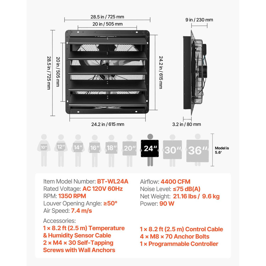 Shutter exhaust fan dimensions diagram with mounting frame and louvered grille