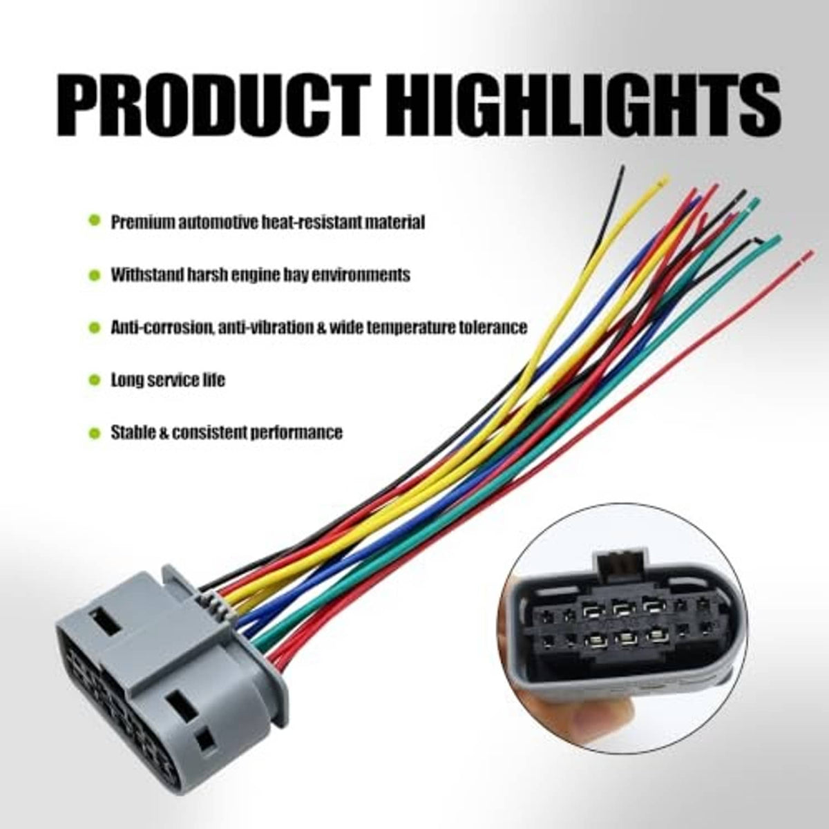 Headlight wiring connector plug with multicolor heat-resistant lead wires and gray base
