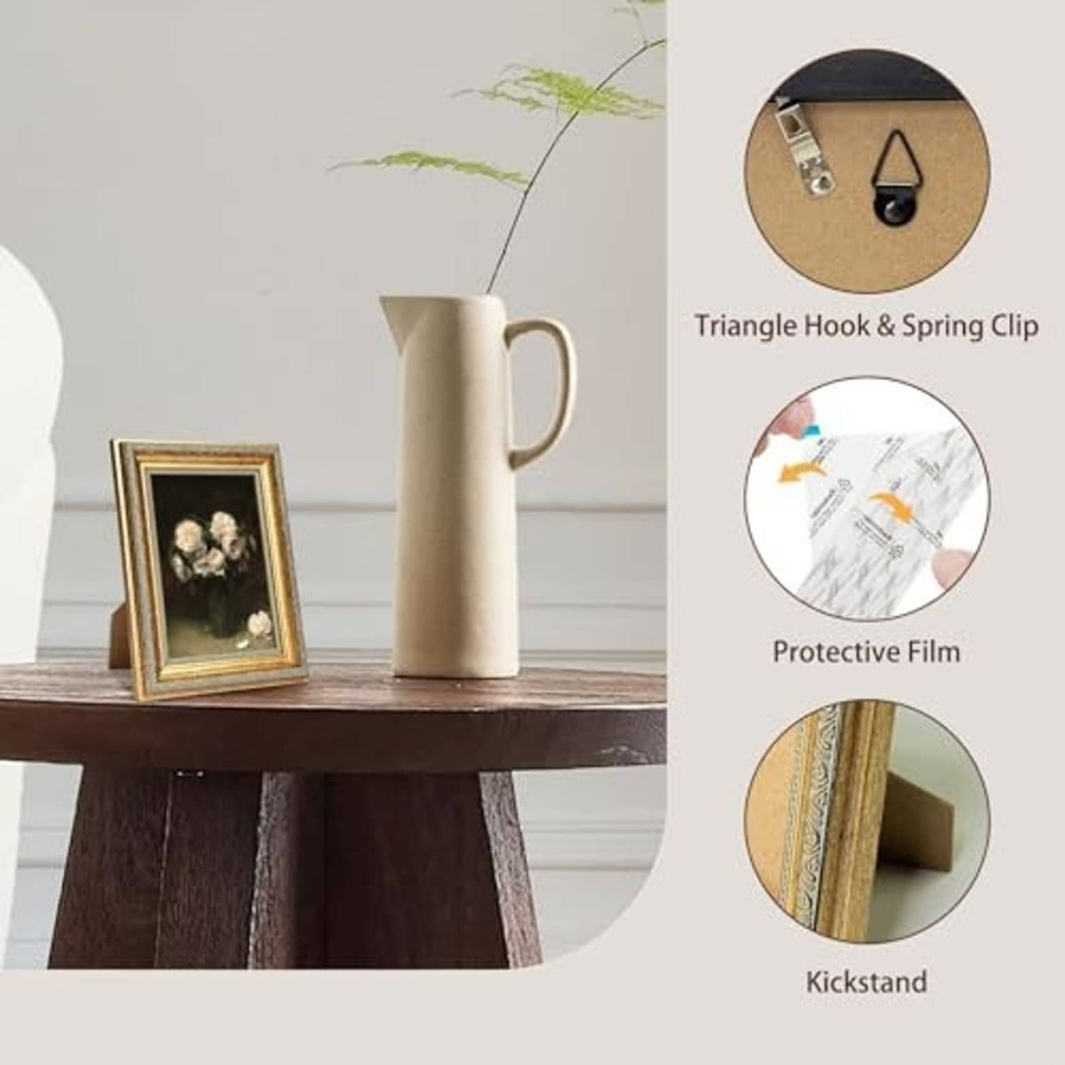 Gold picture frame on wooden surface with triangle hook, spring clip, and protective film