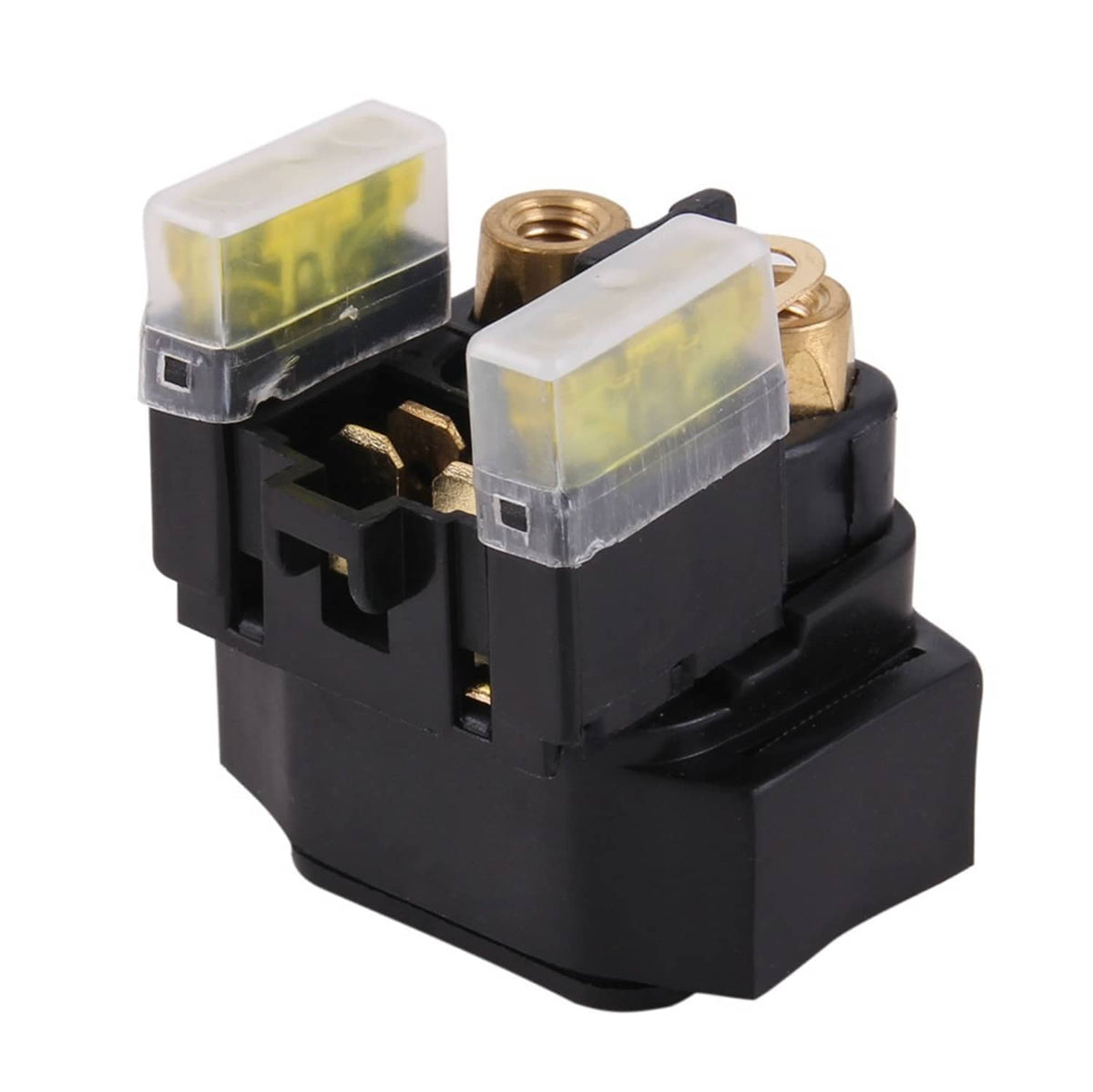 Starter relay solenoid showing internal contacts with two gold terminals and clear yellow fuses