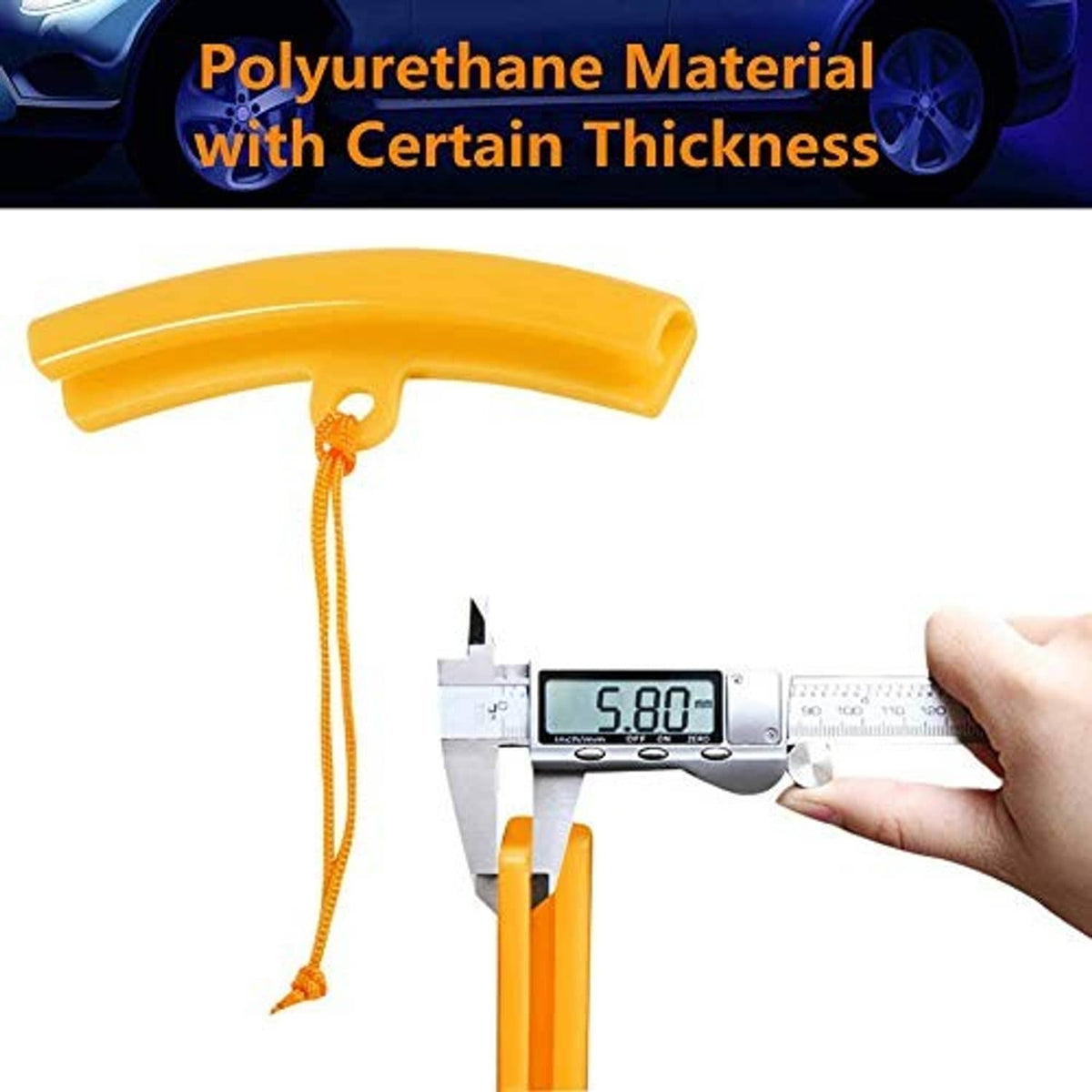 Orange polyurethane rim protector guard with string, measured with a digital caliper