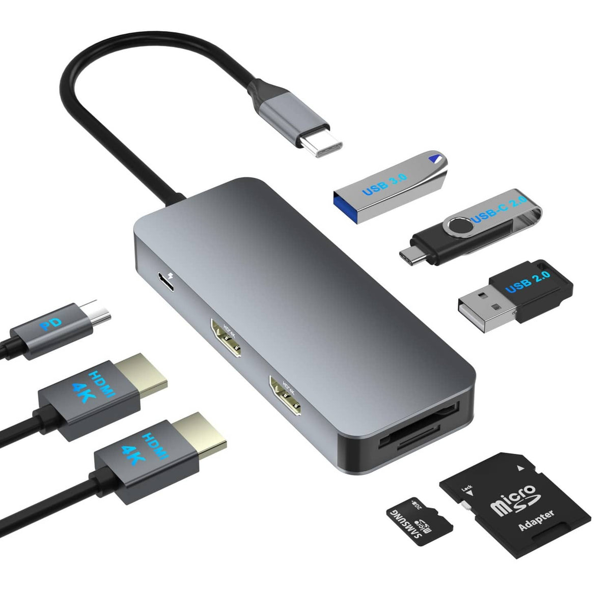 Gray USB-C dual HDMI docking station hub with multiple ports and memory-card slots